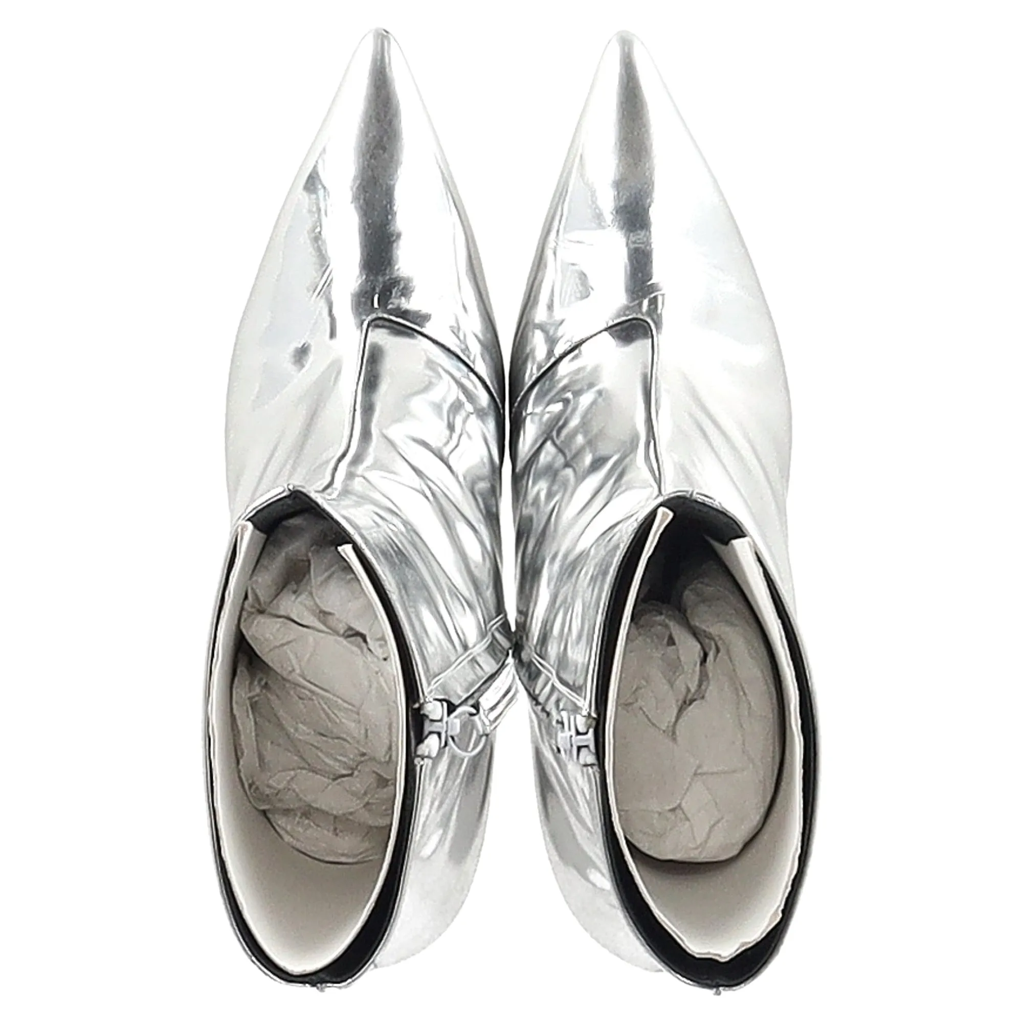 Balenciaga Pointed Stiletto Ankle Boots in Metallic Silver Leather