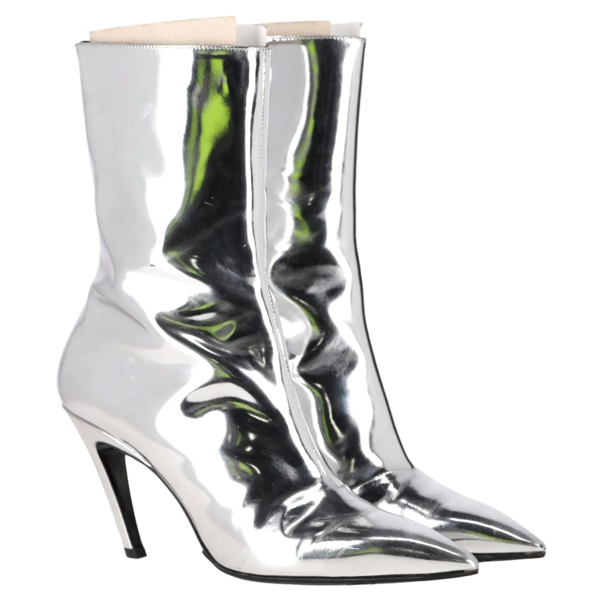 Balenciaga Pointed Stiletto Ankle Boots in Metallic Silver Leather