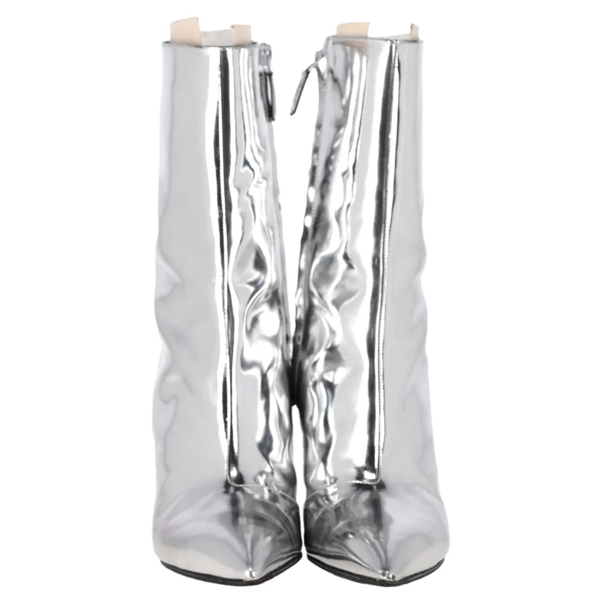 Balenciaga Pointed Stiletto Ankle Boots in Metallic Silver Leather