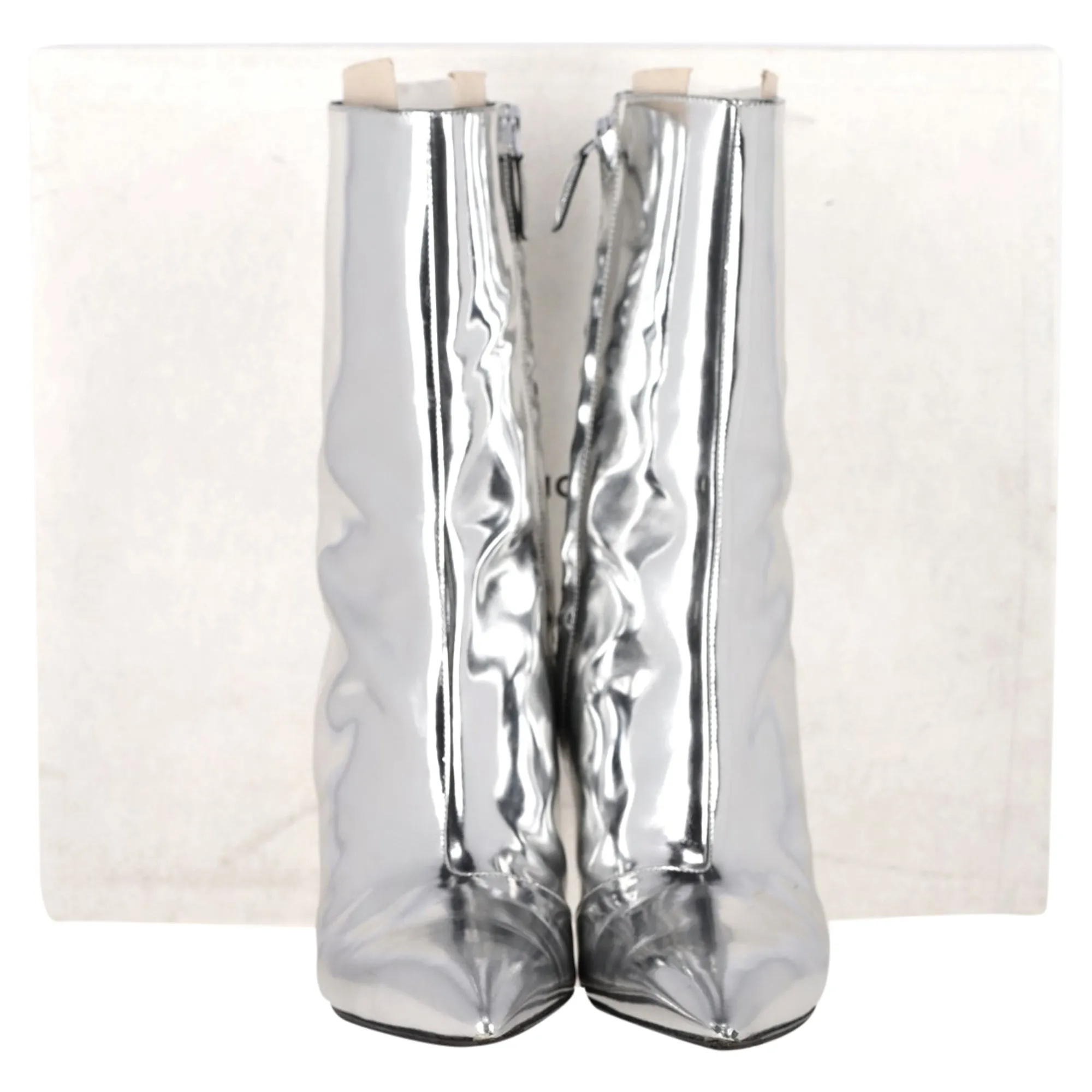 Balenciaga Pointed Stiletto Ankle Boots in Metallic Silver Leather
