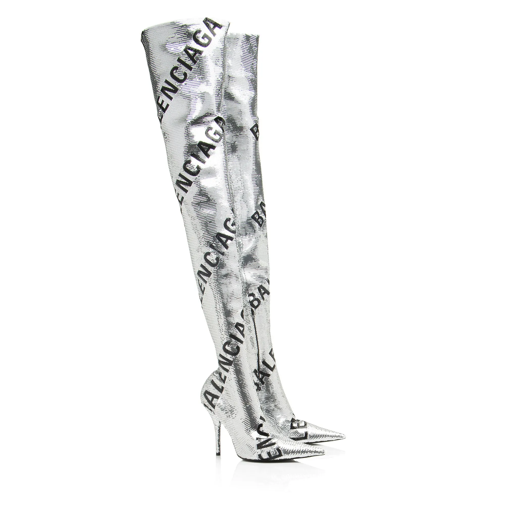 Balenciaga Sequin Logo Knife Thigh High Boots