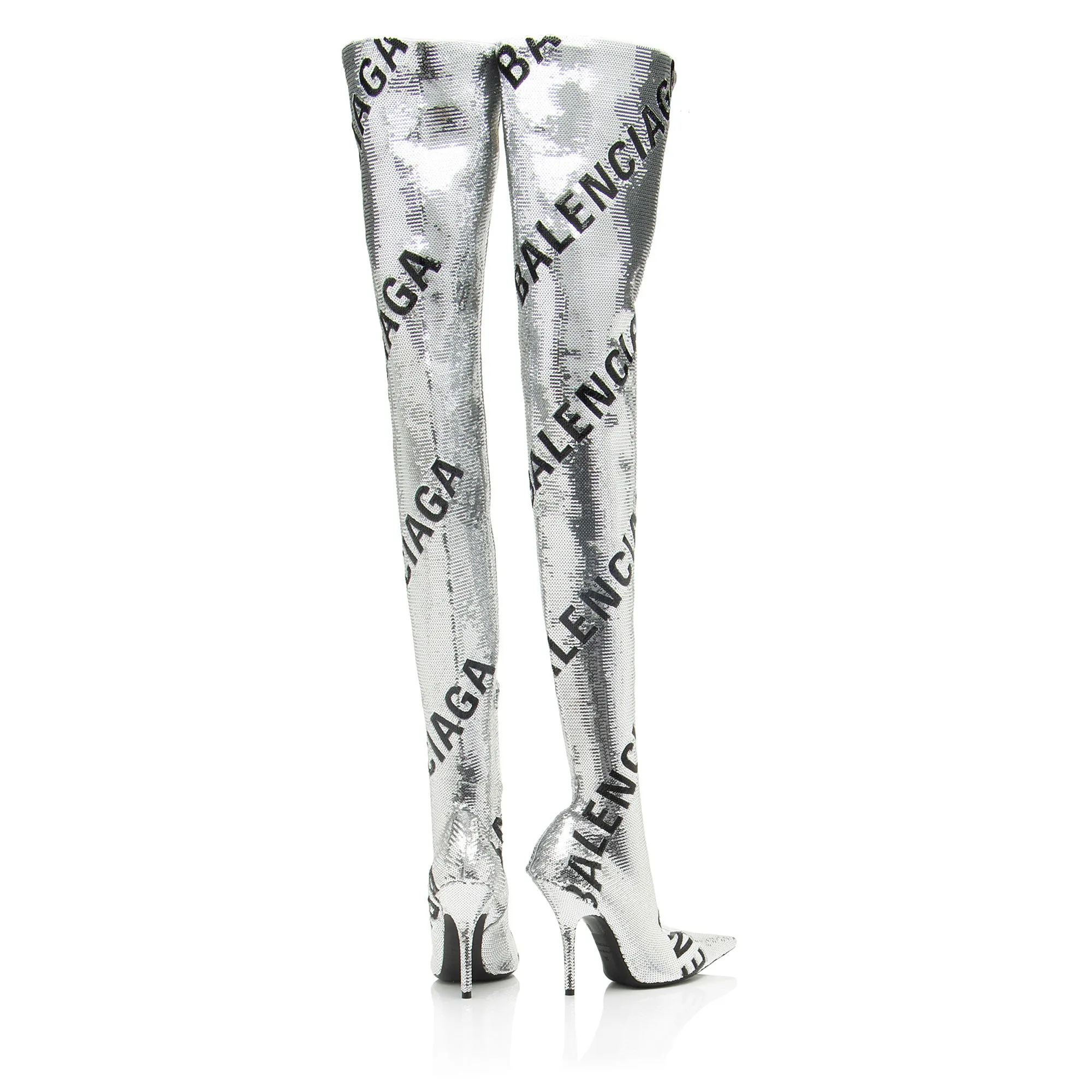 Balenciaga Sequin Logo Knife Thigh High Boots