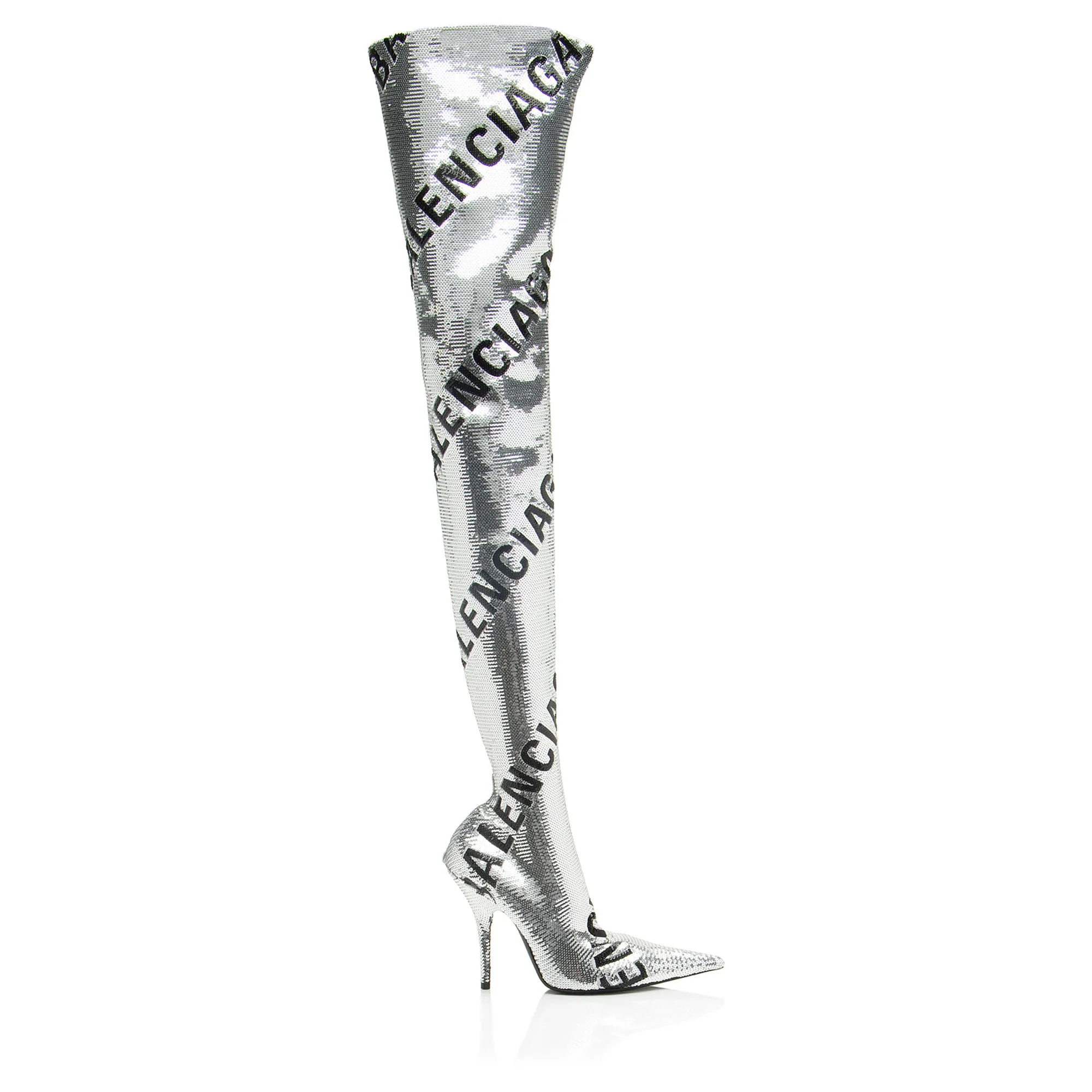 Balenciaga Sequin Logo Knife Thigh High Boots