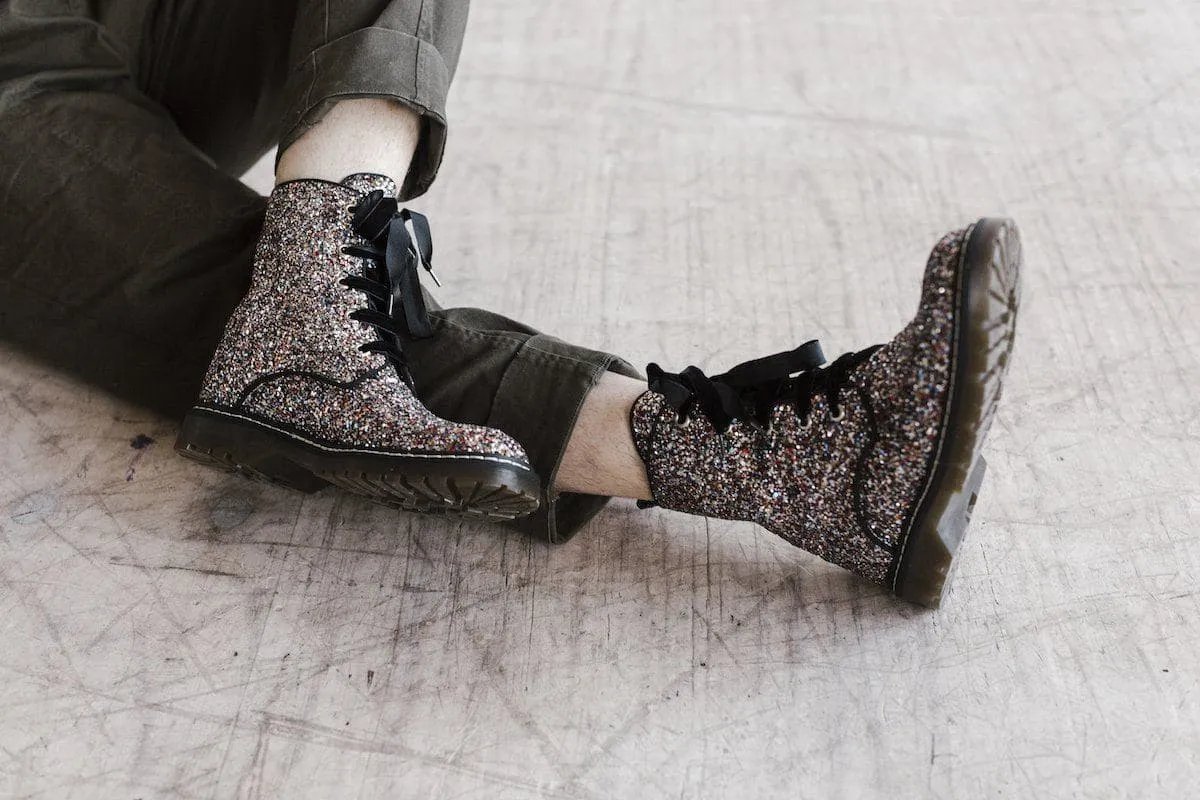 'Billie' Black/Multicolour Glitter vegan combat boots by Zette Shoes