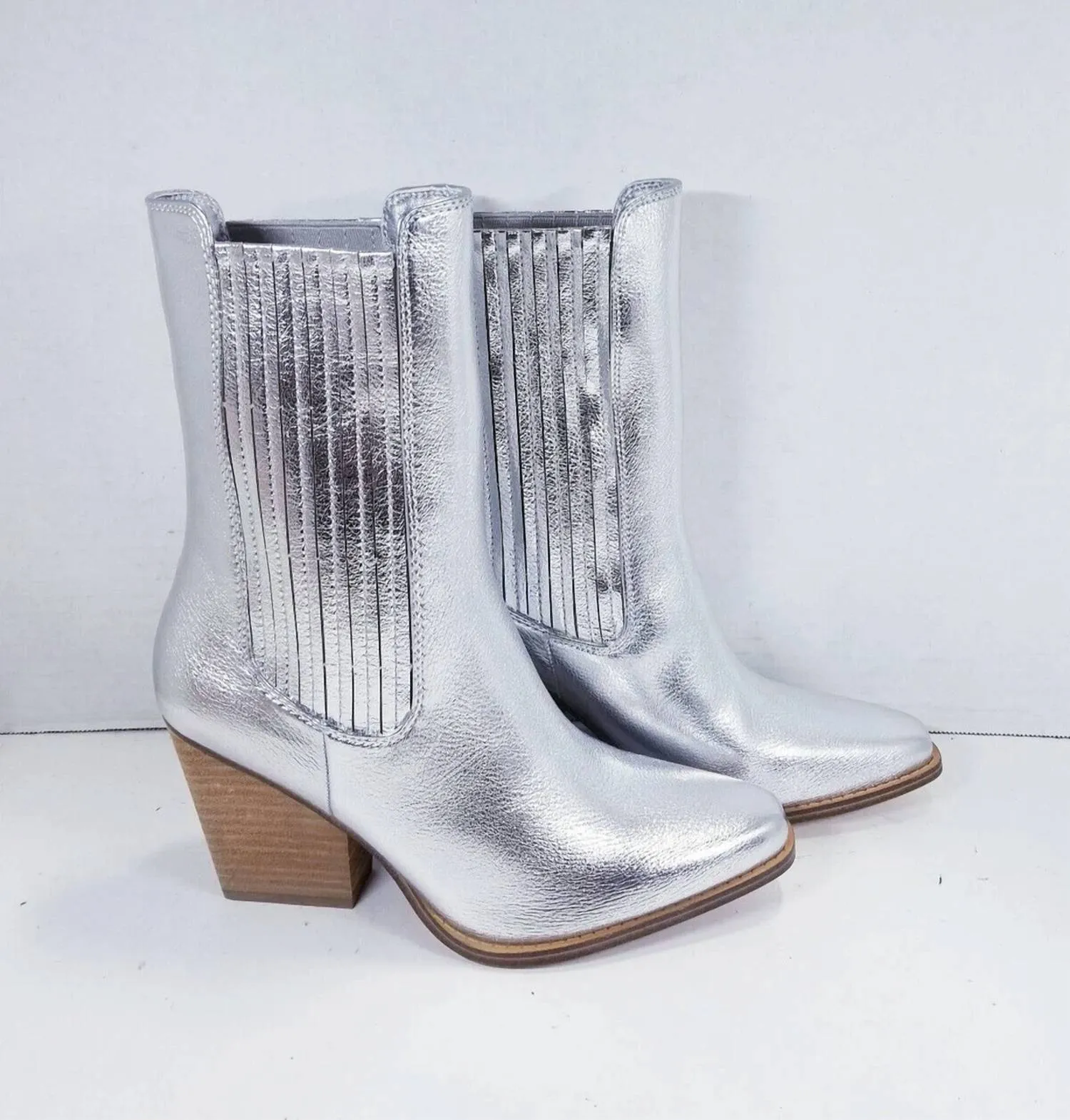 Cali Metallic Block Heel Boots In Silver