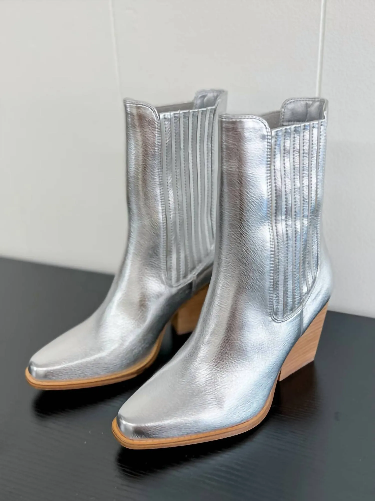 Cali Metallic Block Heel Boots In Silver