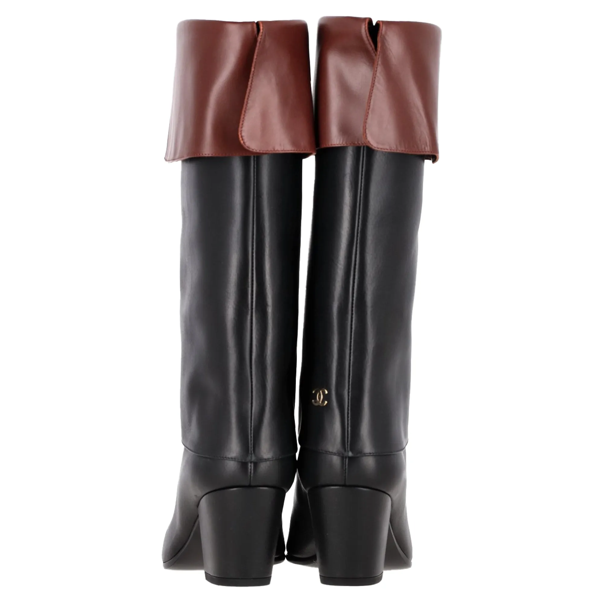 Chanel CC Foldover Mid-Calf Boots in Black Leather