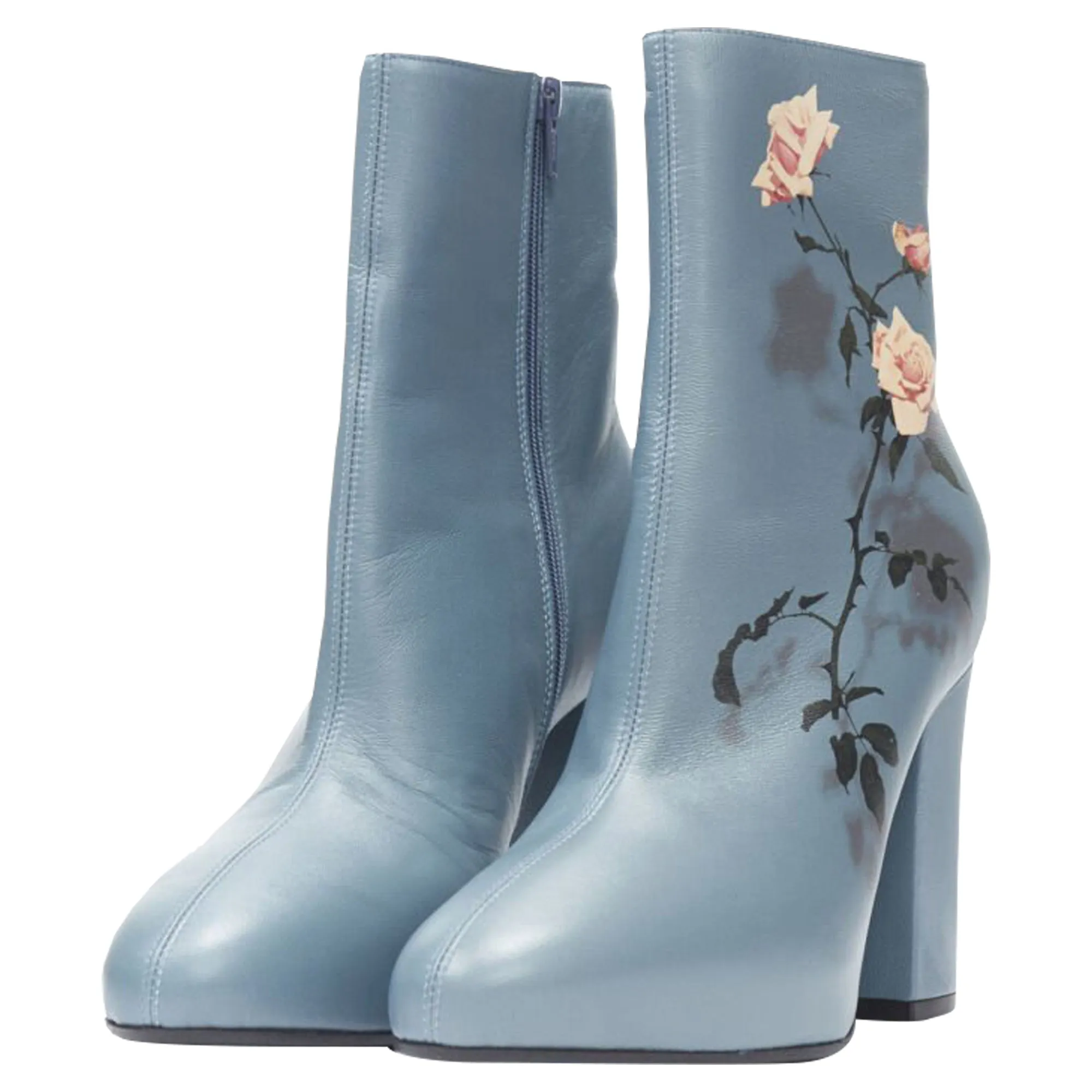 Dries Van Noten slate rose print block heel ankle boot