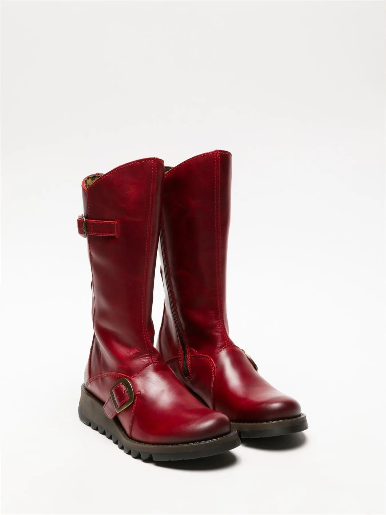 Fly London Womens Red MES 2 Wedge Heel Buckle Mid-Calf Leather Zip Platform Boots
