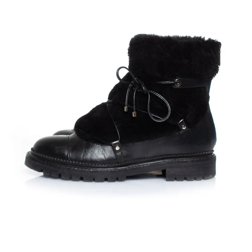 Fur embellished leather lace up boots