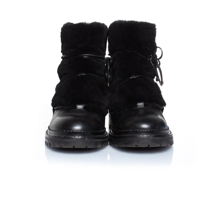 Fur embellished leather lace up boots