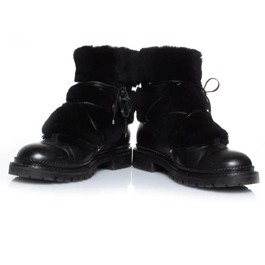 Fur embellished leather lace up boots