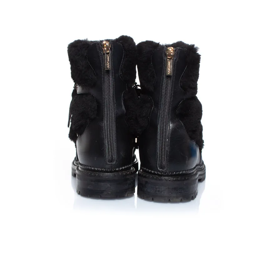 Fur embellished leather lace up boots