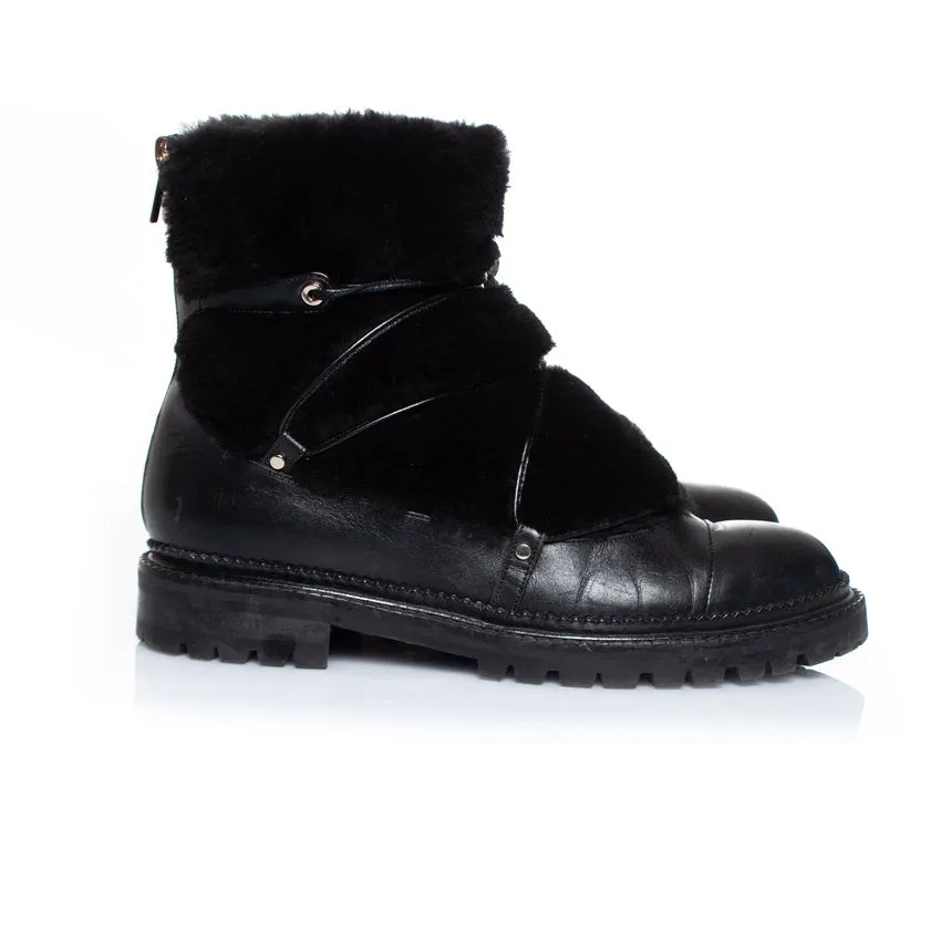 Fur embellished leather lace up boots