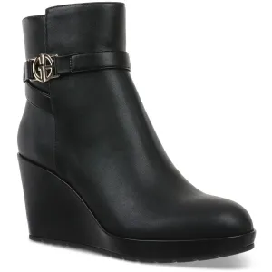 Gloria Womens Belted Faux Leather Wedge Boots