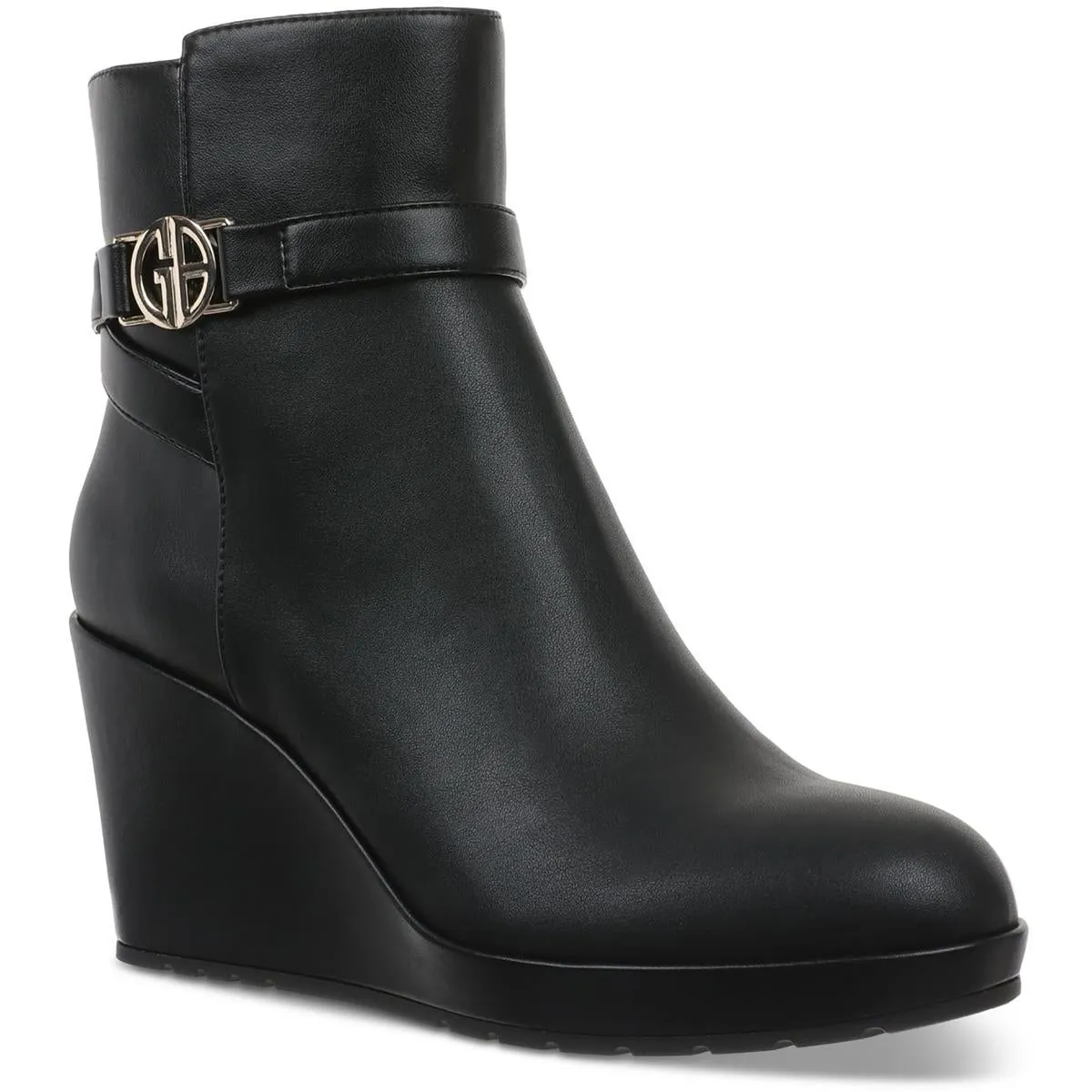 Gloria Womens Belted Faux Leather Wedge Boots