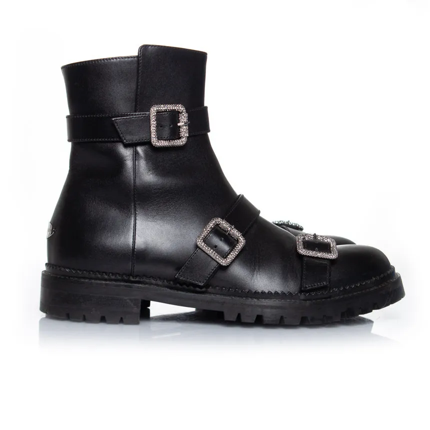 Hank flat jewel buckle ankle boots