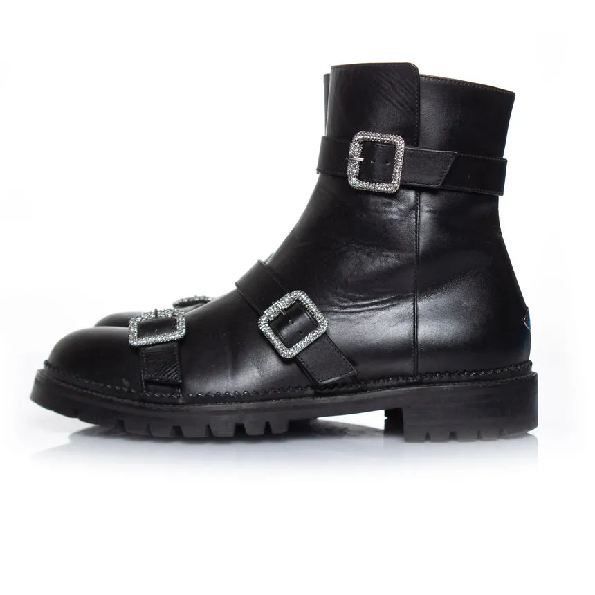 Hank flat jewel buckle ankle boots