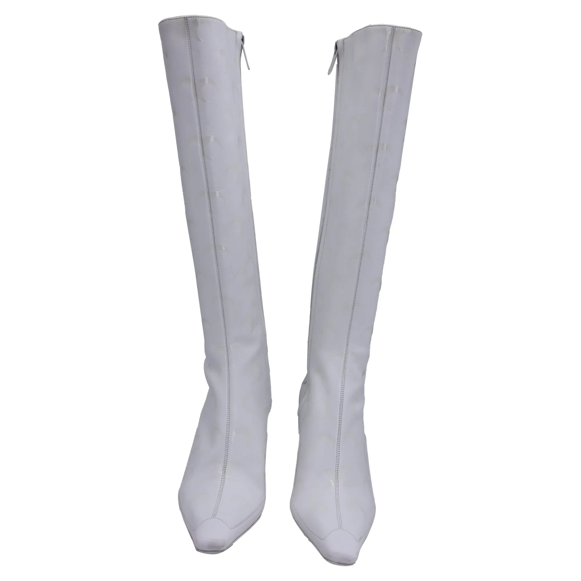 Jimmy Choo x Marine Serre Half Moon Print Knee-High Boots in White Leather
