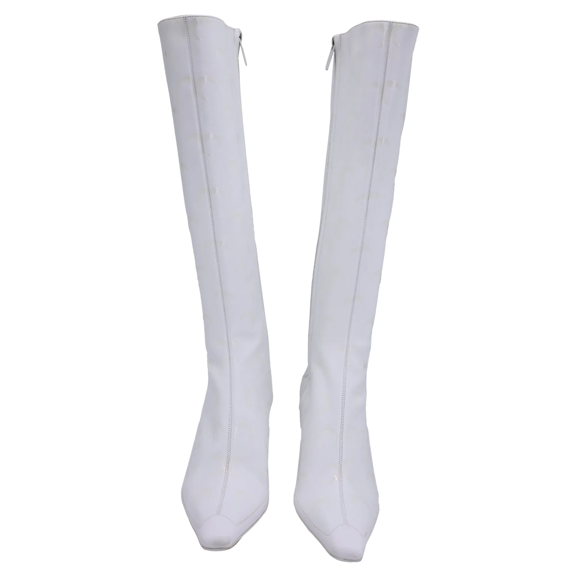 Jimmy Choo x Marine Serre Half Moon Print Knee-High Boots in White Leather