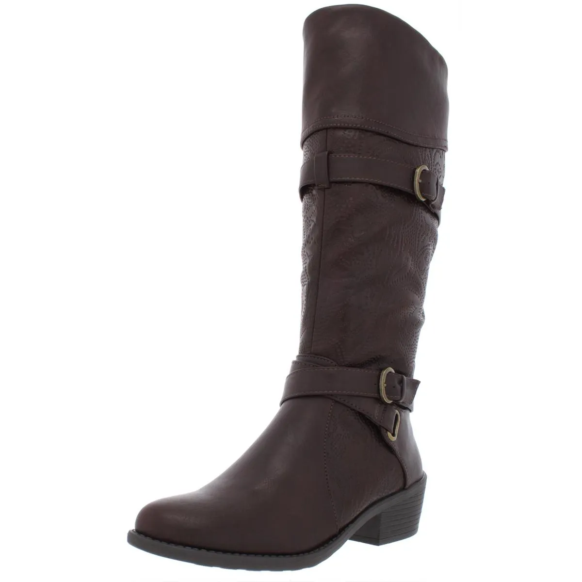 Kelsa Womens Faux Leather Embossed Riding Boots