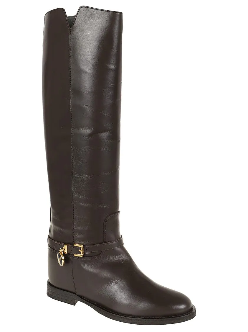 Knee-High Boot With Gold V And Suede