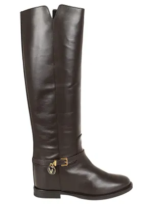 Knee-High Boot With Gold V And Suede