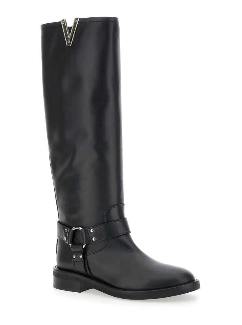 Knee-High Leather Boots With Buckle Detail
