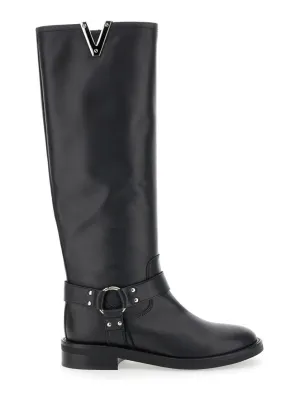 Knee-High Leather Boots With Buckle Detail