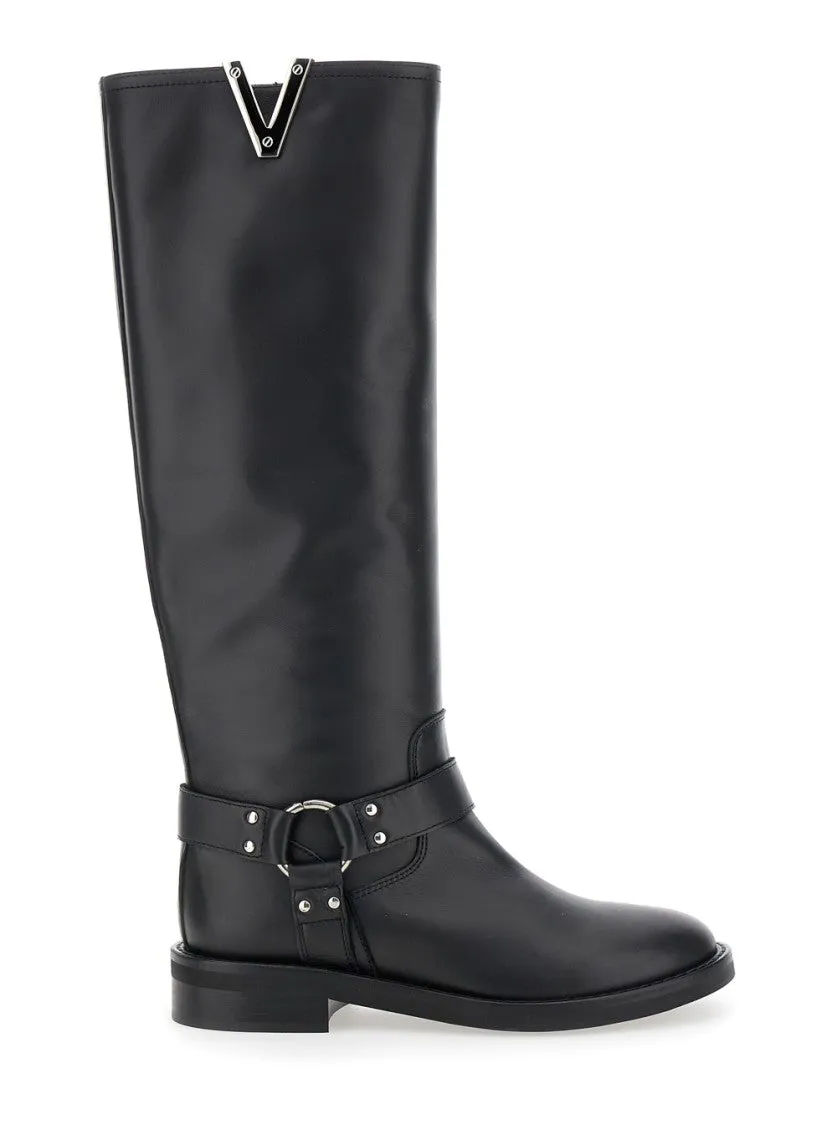 Knee-High Leather Boots With Buckle Detail