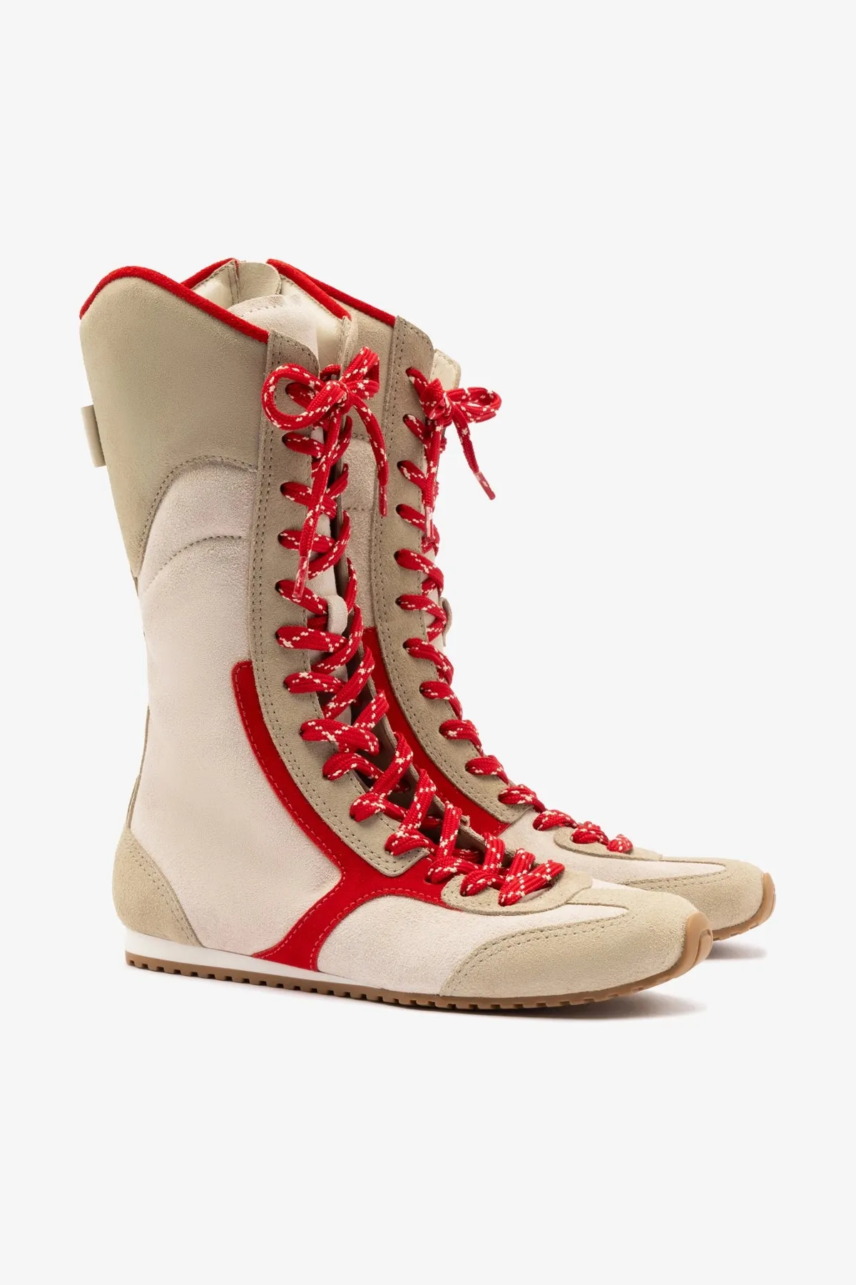 Larroud x Jonathan Cohen Flat Lo Sneaker Boot In Ivory, Oyster Grey and Scarlet Suede
