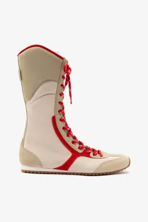 Larroud x Jonathan Cohen Flat Lo Sneaker Boot In Ivory, Oyster Grey and Scarlet Suede