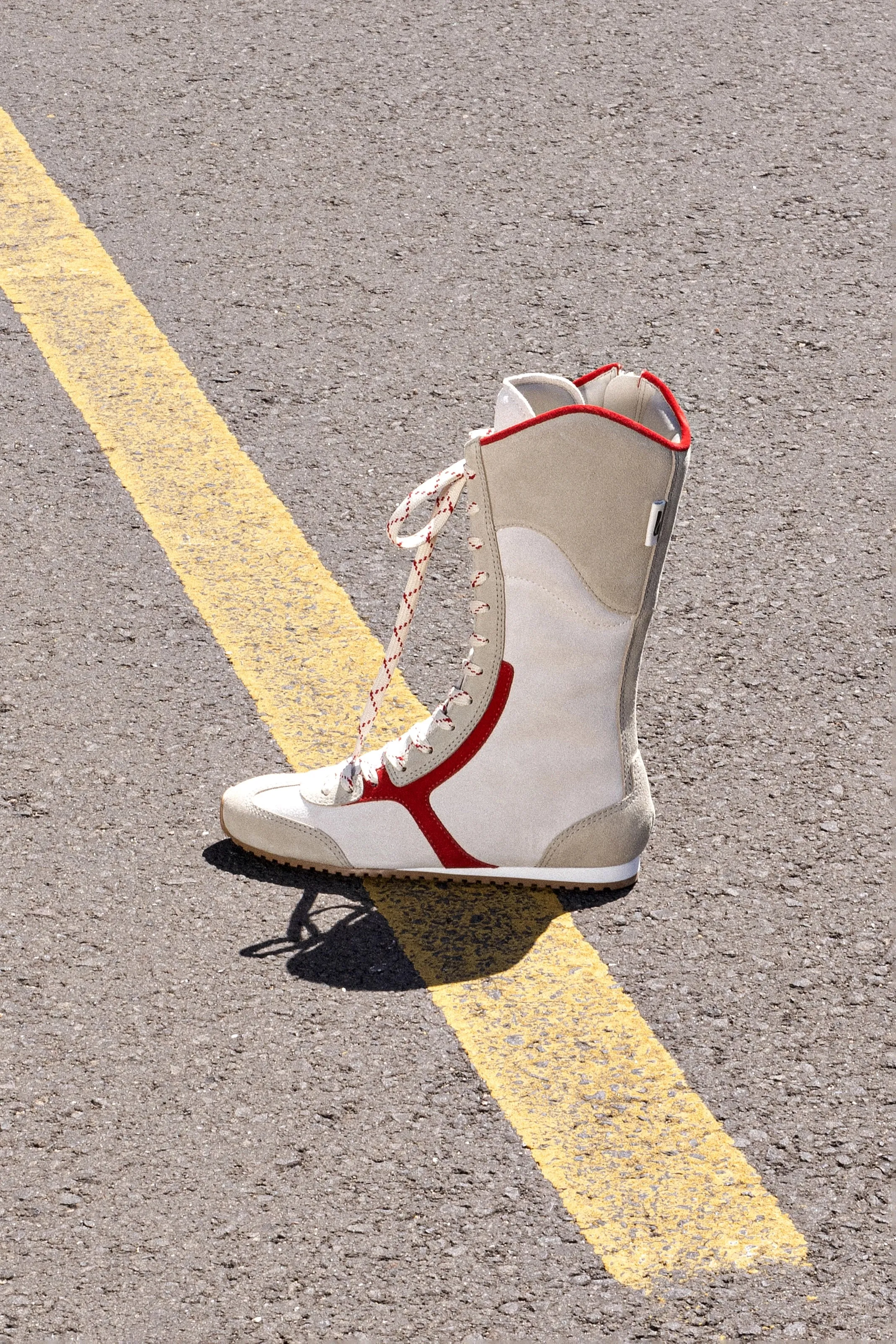 Larroud x Jonathan Cohen Flat Lo Sneaker Boot In Ivory, Oyster Grey and Scarlet Suede