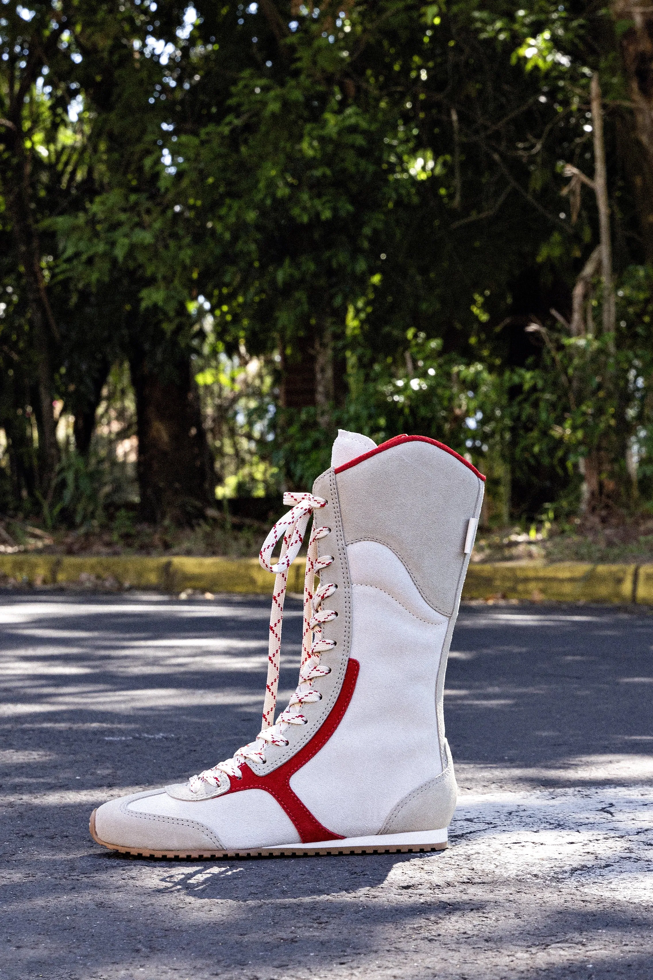 Larroud x Jonathan Cohen Flat Lo Sneaker Boot In Ivory, Oyster Grey and Scarlet Suede