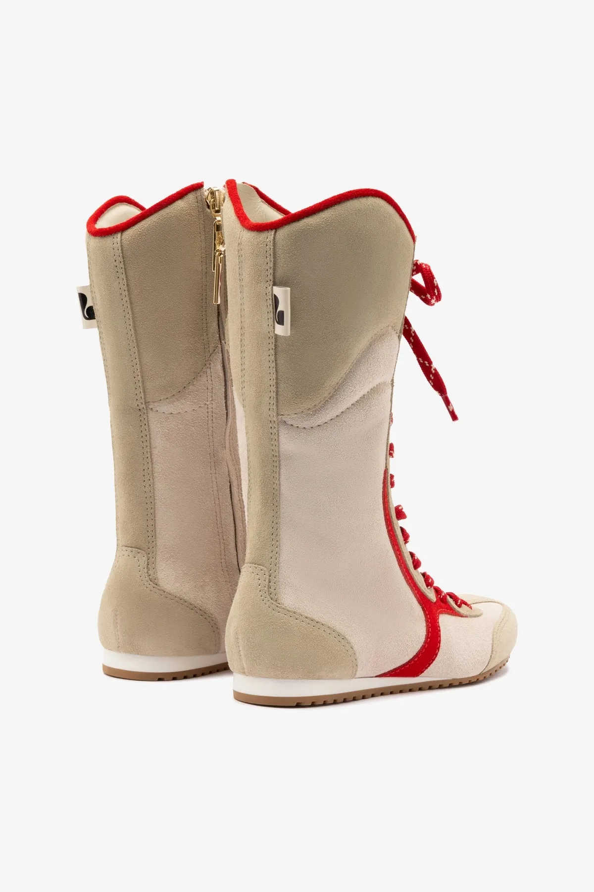 Larroud x Jonathan Cohen Flat Lo Sneaker Boot In Ivory, Oyster Grey and Scarlet Suede