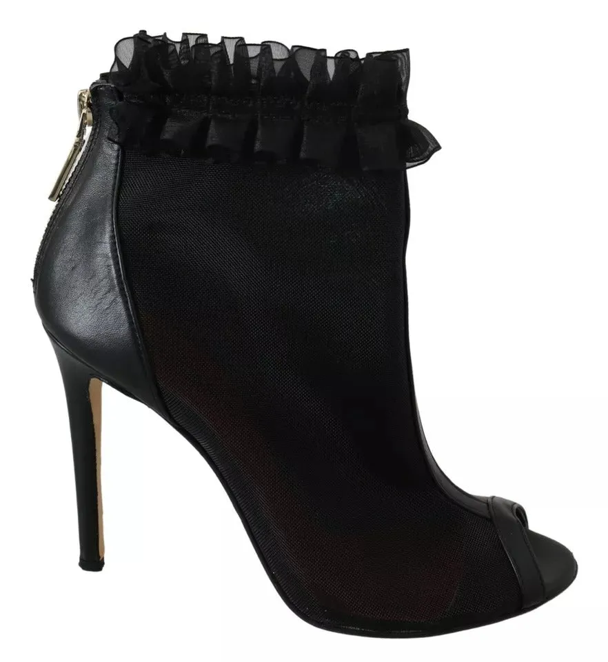 Mangano Leather Mesh Stiletto High Heels Peep Toe Boots Women's Shoes (Pre-Owned)