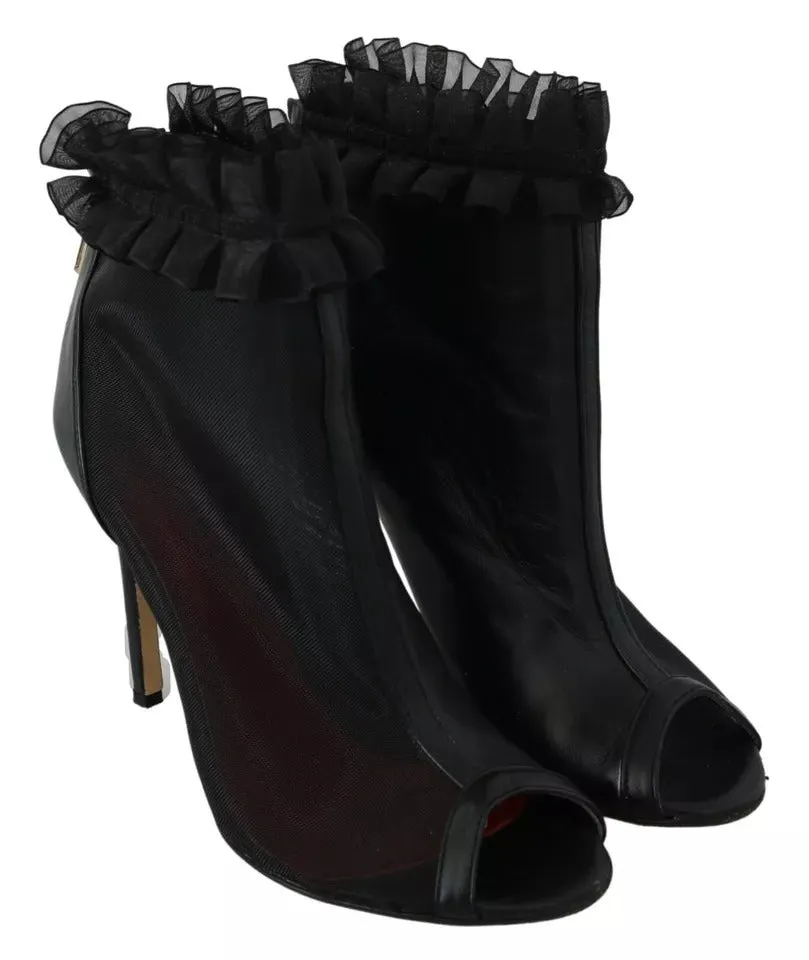 Mangano Leather Mesh Stiletto High Heels Peep Toe Boots Women's Shoes (Pre-Owned)