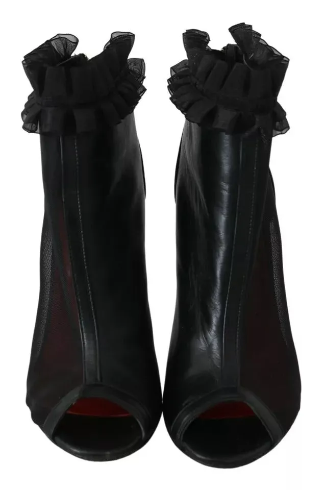 Mangano Leather Mesh Stiletto High Heels Peep Toe Boots Women's Shoes (Pre-Owned)