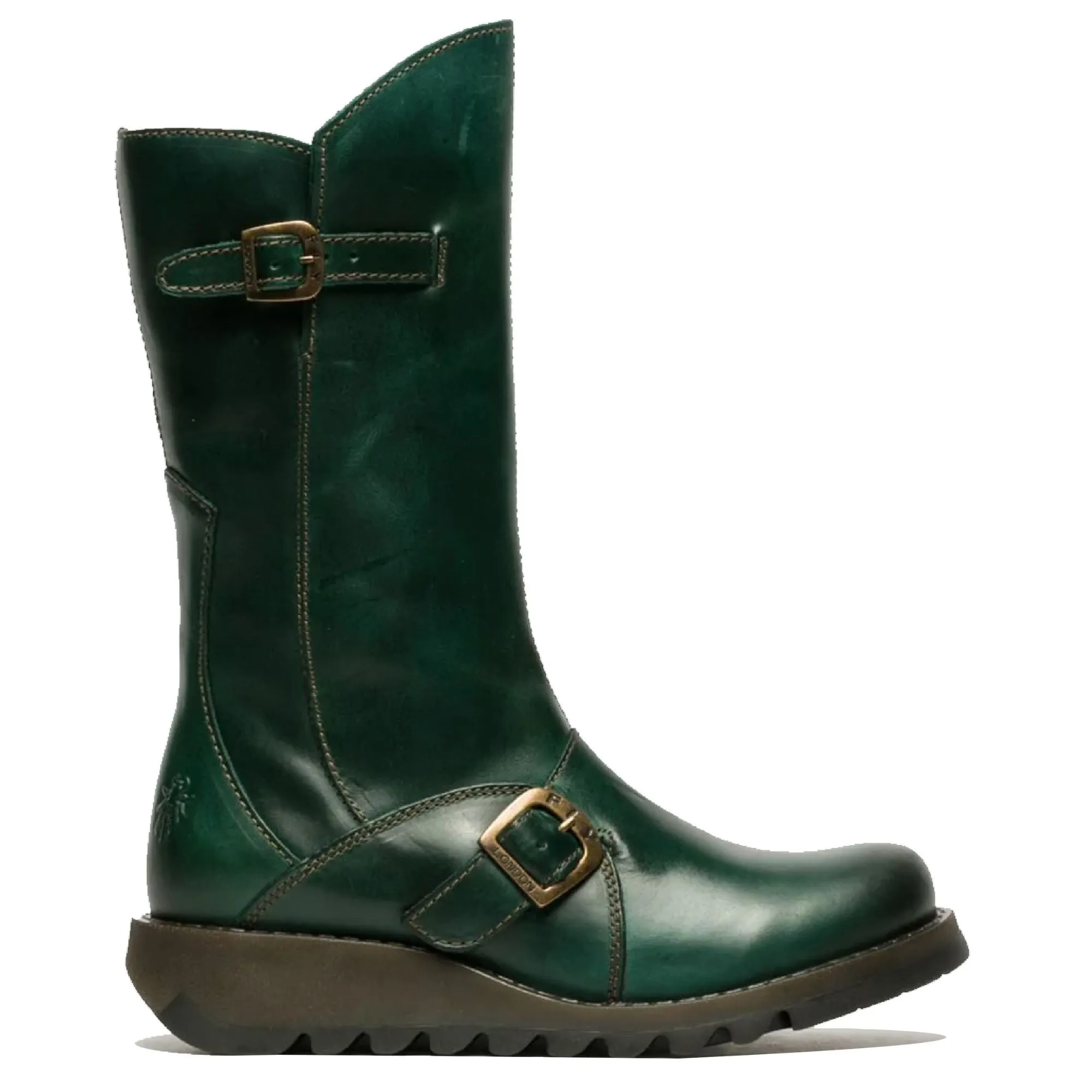 MES2913 - Women's Wedge Heel Buckle Mid Calf Leather Boots