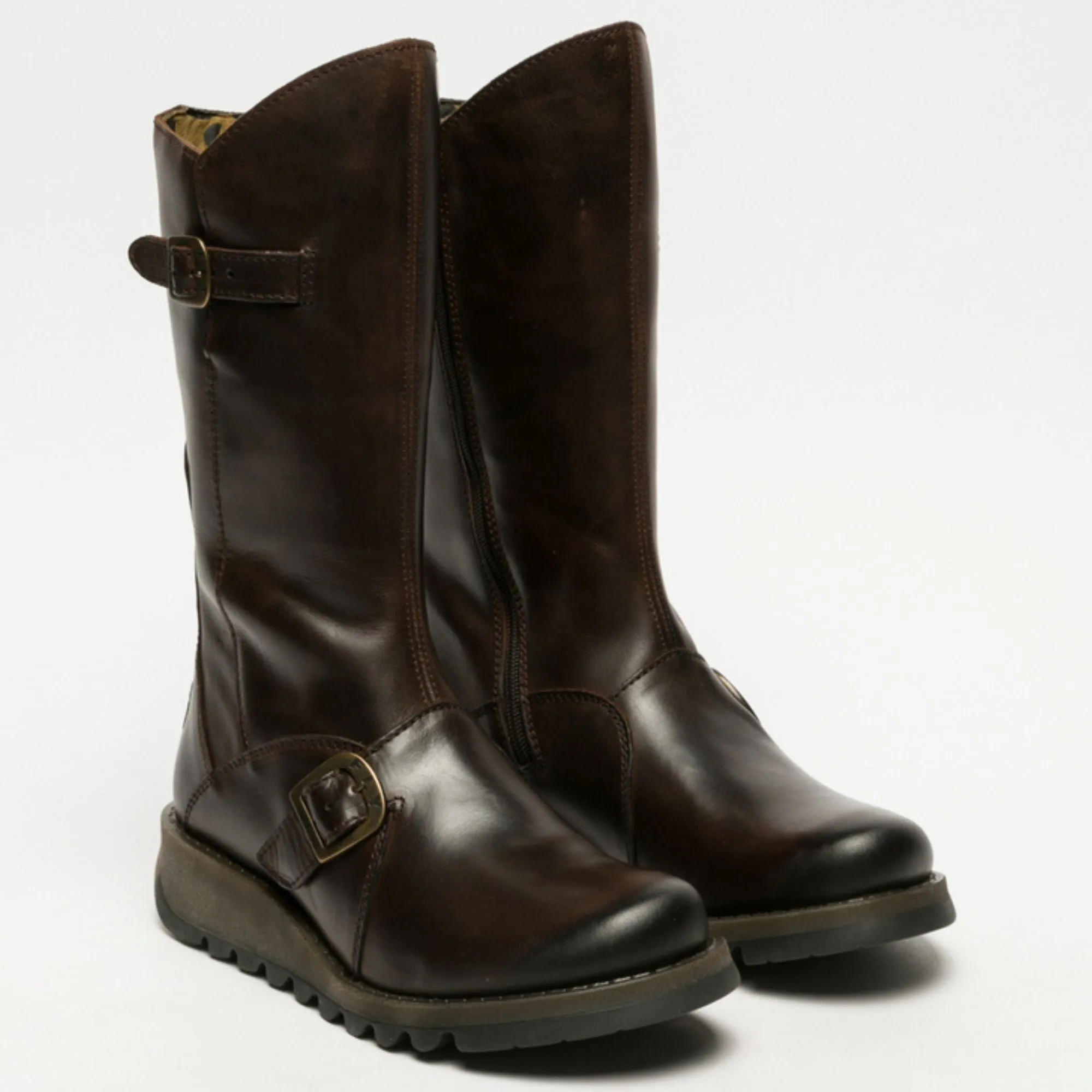 MES2913 - Women's Wedge Heel Buckle Mid Calf Leather Boots