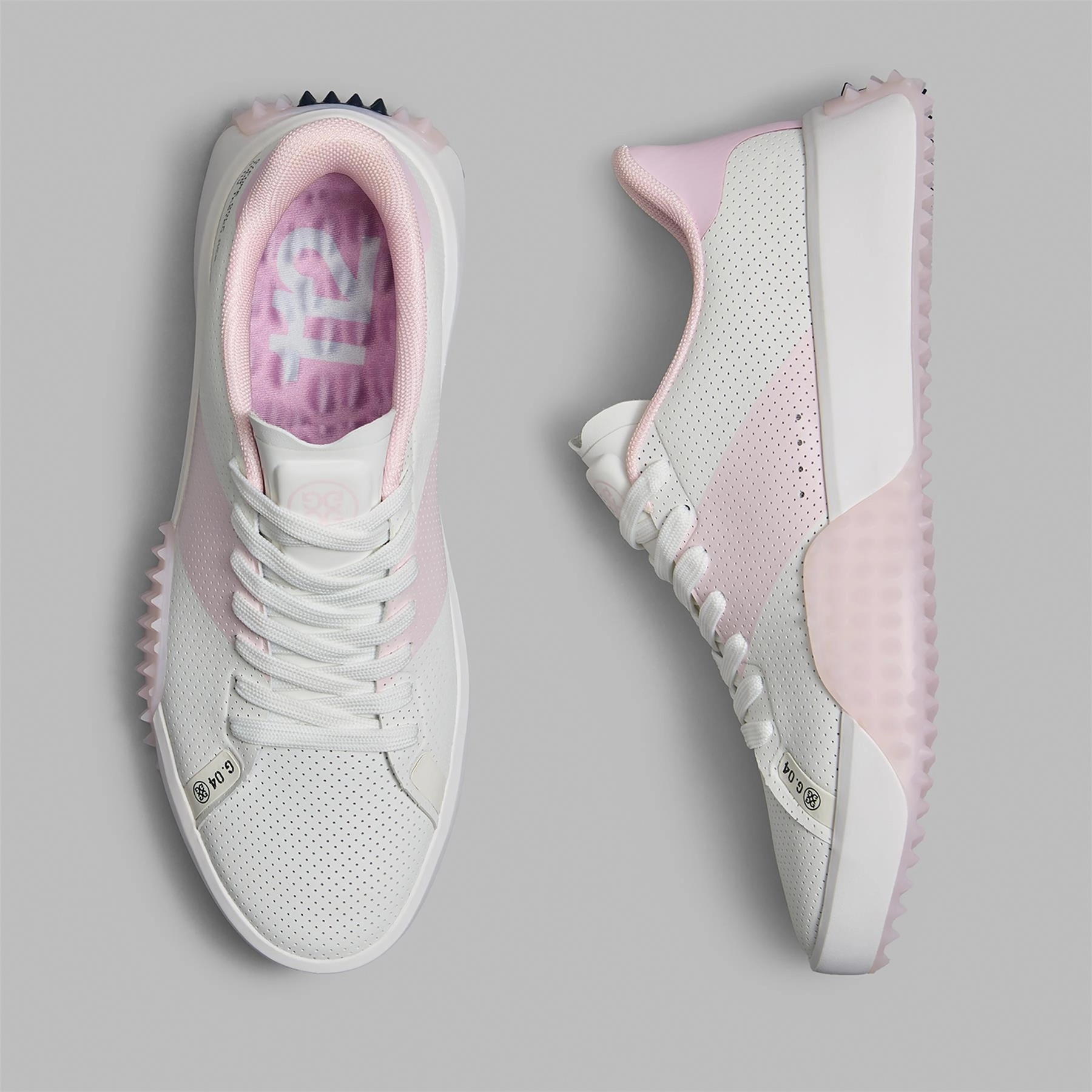 G.112 Perforated Kiltie Golf Shoes Snow/Blush Strap Pad, Drawstring Gym Bag With Shoe Pocket