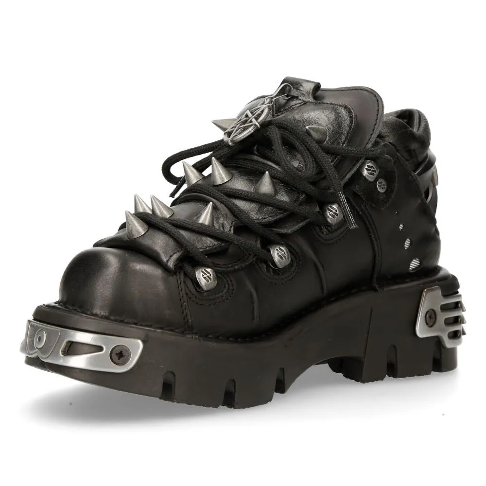 New Rock Black Leather Spiked Ankle Boots-110-S1