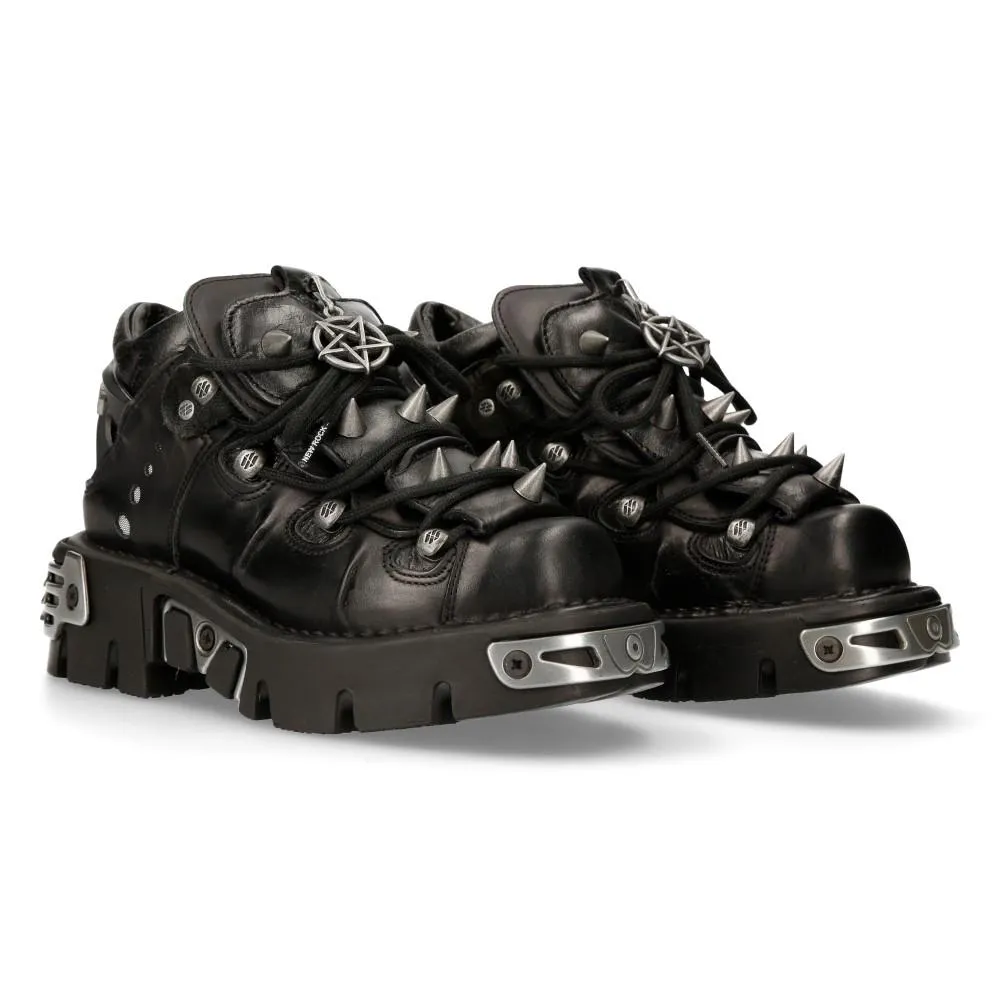 New Rock Black Leather Spiked Ankle Boots-110-S1