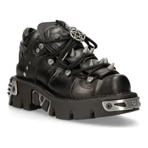 New Rock Black Leather Spiked Ankle Boots-110-S1