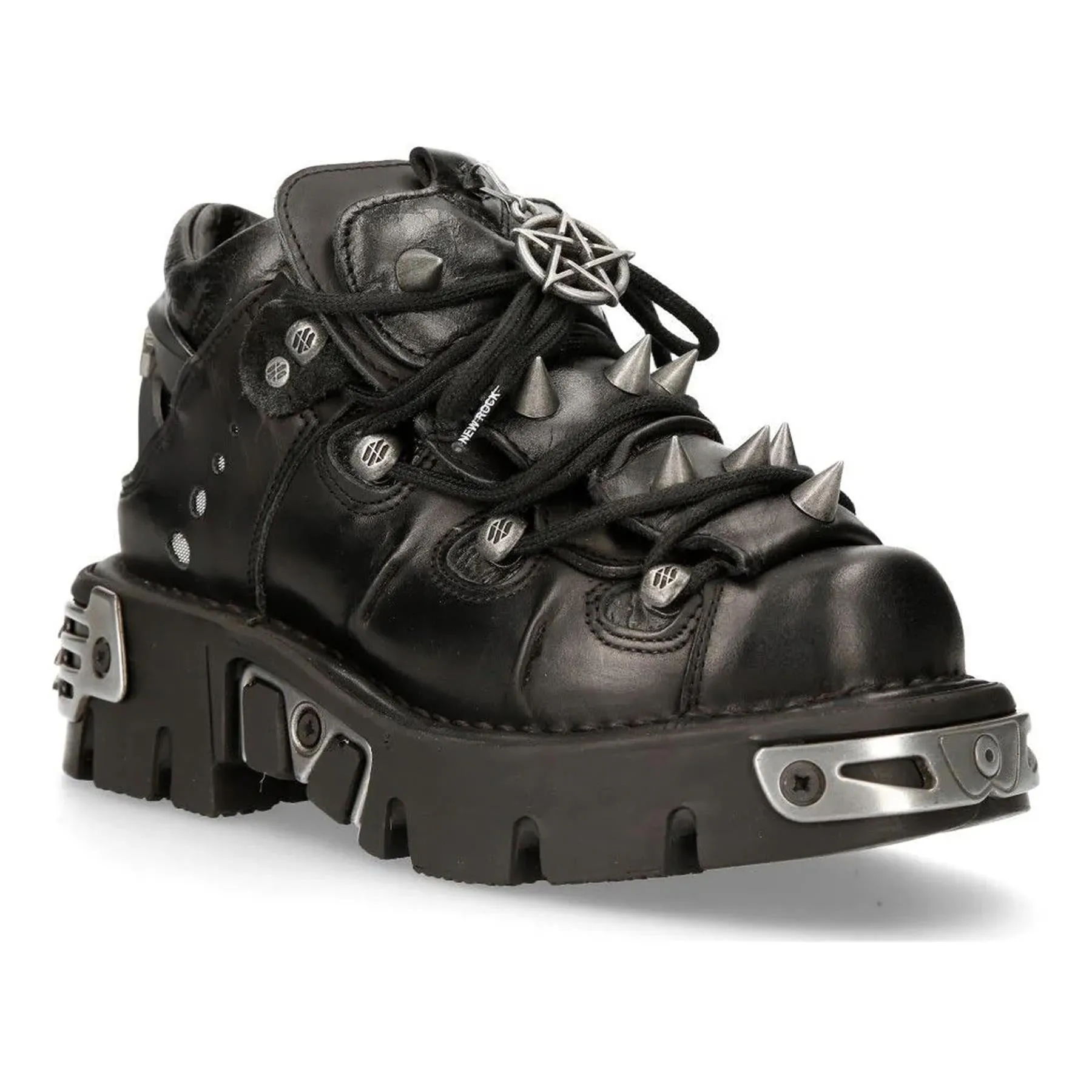 New Rock Black Leather Spiked Ankle Boots-110-S1