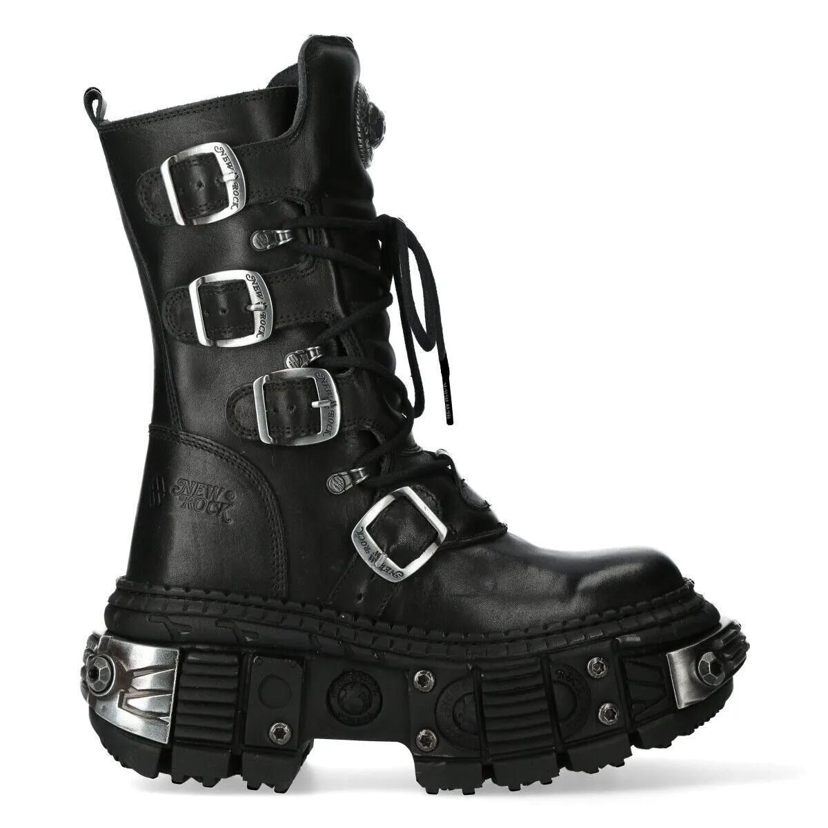 New Rock Black Mid Calf Leather Goth  Boots-WALL1473-S11