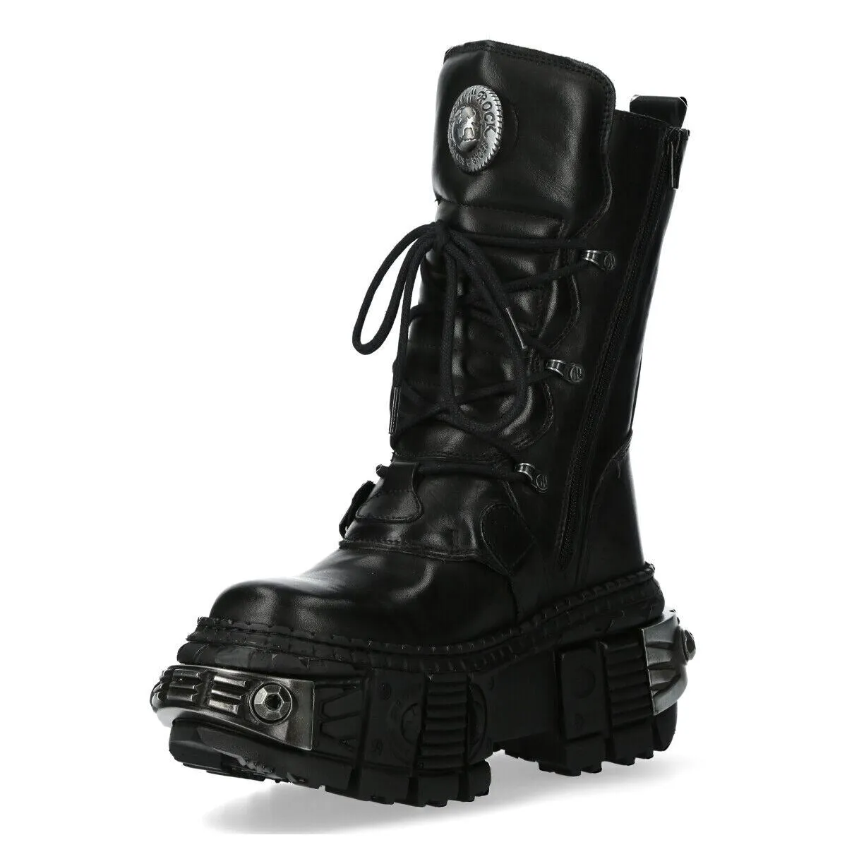 New Rock Black Mid Calf Leather Goth  Boots-WALL1473-S11