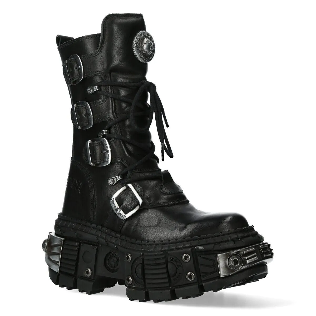 New Rock Black Mid Calf Leather Goth  Boots-WALL1473-S11