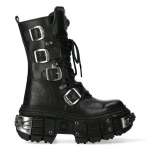New Rock Black Mid Calf Leather Goth  Boots-WALL1473-S11