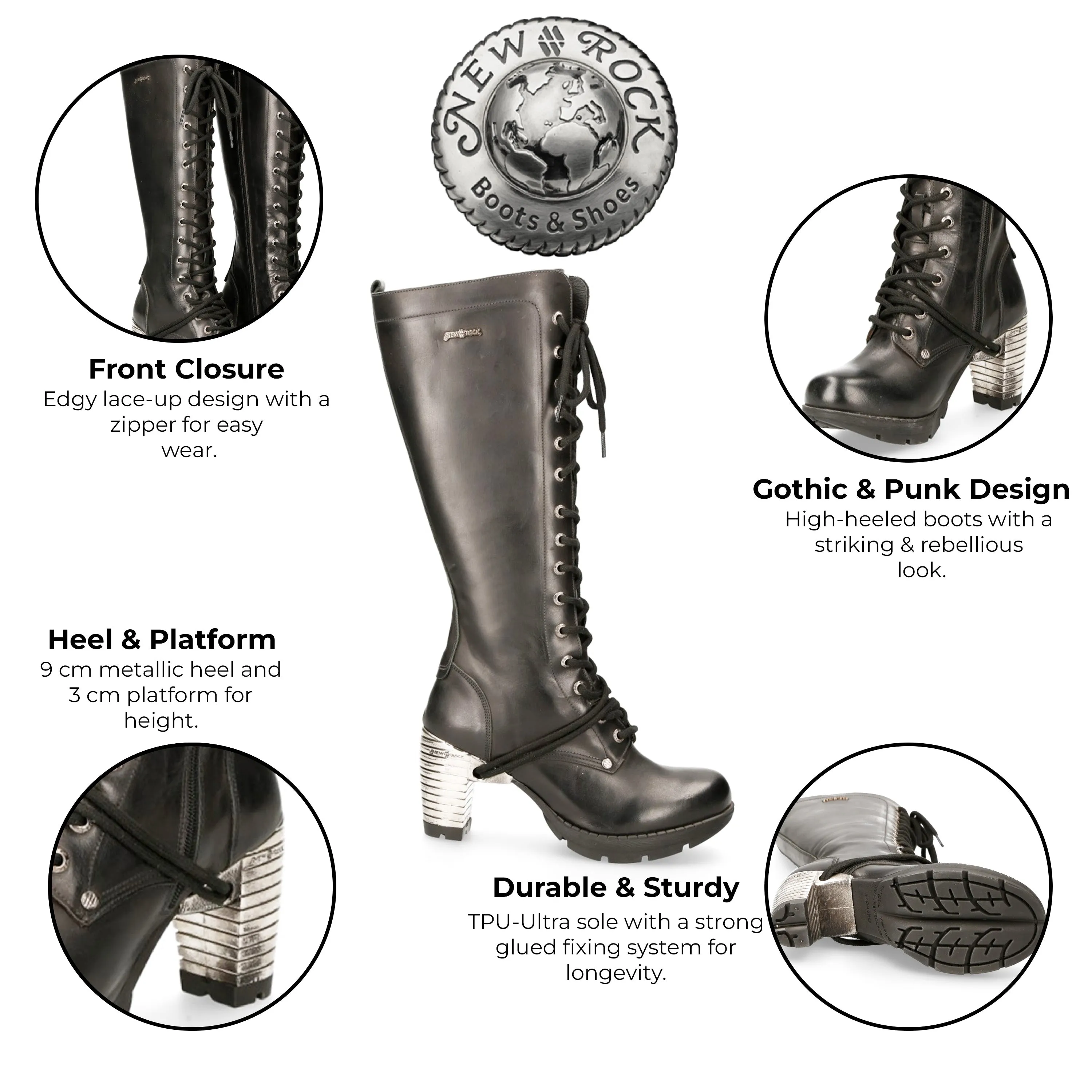 New Rock M-TR005-S1 Ladies Knee High Black Gothic High-Heeled Boots
